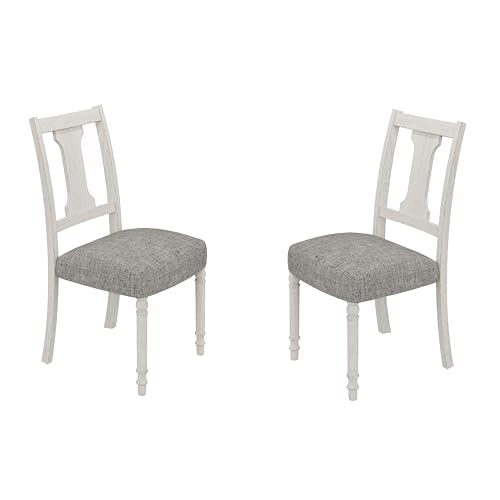Lot de 2 chaises de Salle à Manger Blanches et Grises, Assise rembourrée en Lin, Finition Grain Naturel, Aspect Vieilli