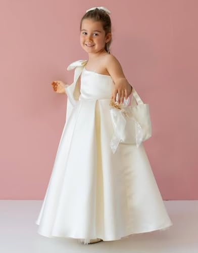 Cute One Shoulder Silk Satin Long Dress for Girls Bow-Knot Flower Girl Dresses for Wedding Birthday Formal2