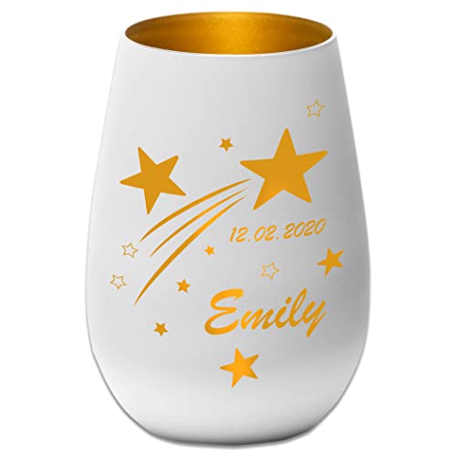 Sternenkind Trauerlicht Sternschnuppe - weiß/Gold - Gedenklicht Teelichtglas personalisierbar Erinnerung Trauergeschenk mit Name und Datum