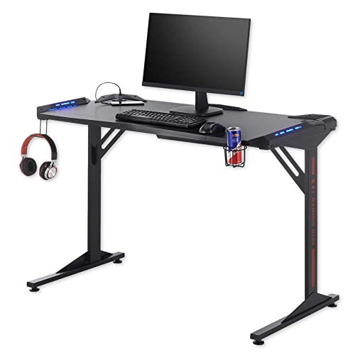 Stella Trading BC 3110 Gaming Tisch in Schwarz, Carbon-Optik - Gaming Schreibtisch mit LED-Beleuchtung, USB-Anschlüssen & Getränkehalterung - 119 x 78 x 60 cm (B/H/T)
