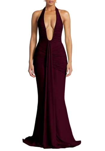 SHINFY Women Summer Halter Maxi Dress Ruched Bodycon V Neck Formal Cocktail Party Evening Dress