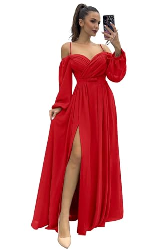 Monlity Women's Spaghetti Straps Prom Dress with Long Sleeves Chiffon Bridesmaid Dresses with Slit Formal Evening Gown