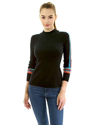 AmélieBoutik Women Mock Neck Fair Isle Trim Long Sleeve Pullover Knit Sweater3