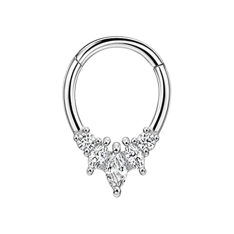 Surgical Steel Septum Jewelry 16g Septum Rings for Women Prong Set CZ Teardrop Septum Clicker Silver Septum Ring 16 Gauge 8mm Daith Piercing Jewelry Triangle Septum Ring Cover