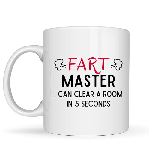 Be Buz Funny Fart Master Coffee Mug – Gag Gift for Men Dad Brother – I Can Clear a Room in 5 Seconds – 11oz White Ceramic Mug