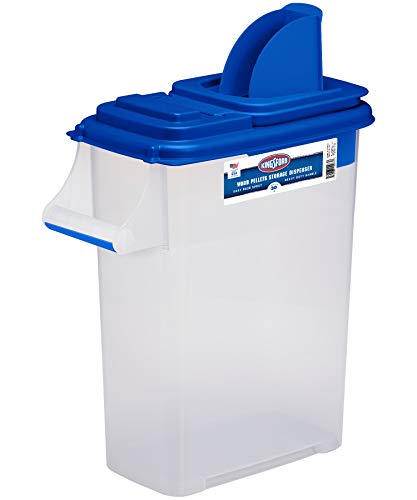 Buddeez Kingsford Pellet Dispenser with Flip Spout - Stackable Storage Bin for Wood and Grill Use - Clear Body with Blue Lid - 1 Count
