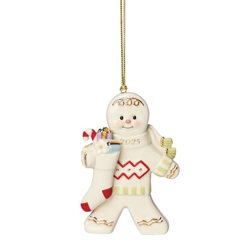 Lenox Ornament, 2025 Gingerbread with Stocking Ornament, Made from Porcelain, Christmas Tree Decorations, Gold Accents and Hanging Cord, Christmas Decoration, Winter Decor, Tree Decor (1 Piece)