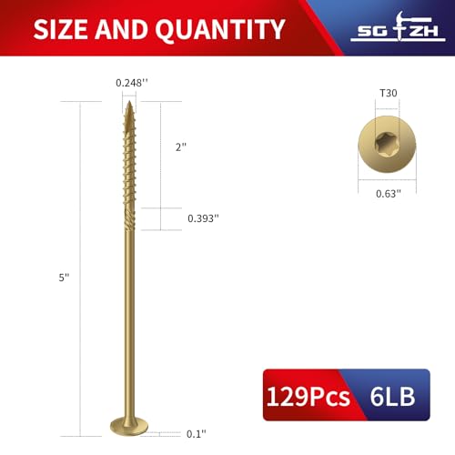 Image of #14 x 5 Inch Outdoor Structural Wood Deck Screws (129Pcs /6lb), Carbon Steel, Tan, Flat Head, Rust Resistant Epoxy Coated, T30 Star Bit