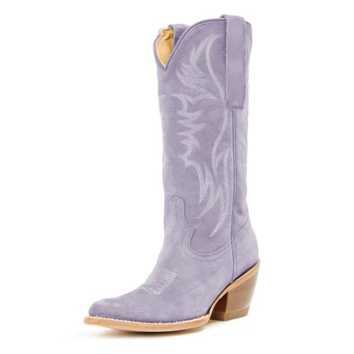 YDN Women Cowboy Boots Comfortable Pull On Western Booties Pointed Toe Chunky Block Heel Cowgirl Mid Calf Boots Girls Ladies Retro Shoe Size 4-16 US