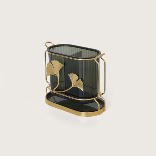 Image of HOME 360 Gingko Leaves Cutlery Holder - Decorative Metal & Acrylic Spoon Stand for Kitchen Table | Use for Dining Table & Kitche Decor | 18x16 cm Gold Finish Organizer