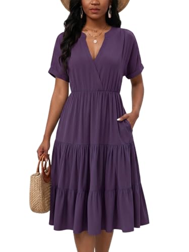 Image of PerZeal Women's Casual Tiered Midi Dress with Pockets - V Neck Short Sleeve Elastic Waist Ruffle Summer Dress for Daily Wear