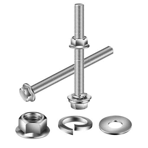 M10 x 40mm Flanged Hex Head Bolts, Nuts, Flat &amp; Lock Washers, 20Pcs 18-8 (304) Stainless Steel, Fully Threaded, by SG TZH