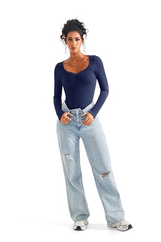 Image of SUUKSESS Women Sweetheart V Neck Long Sleeve Tops Lace Trim Ribbed Modal Fall Going Out Shirts