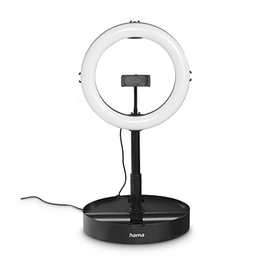 Hama LED-ringljus med stativ, vikbar mobiltelefon (10,2 tum ringlampa, 26,5 cm diameter, bordsstativ för kameran, utdragbar upp till 138 cm, dimbar LED-bordsringlampa, för hopfällning) svart