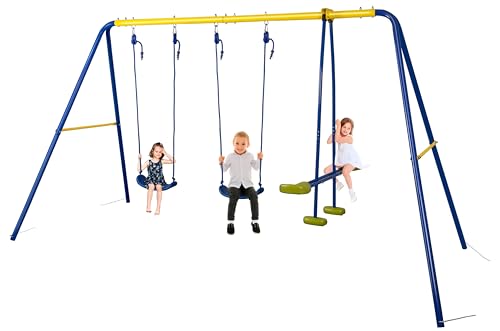 HLC Balançoire Jardin 3 en 1 - Multifonction avec Portique Métallique, avec 1 balançoire Face à Face et 2 sièges de balancelle, Charge maximale 250KG,...