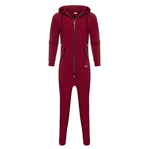 WUAI Onesie Men's Hooded Jumpsuit Zip Up One Piece Pajamas Playsuit Jogger Sweatsuit Overall Romper Red4