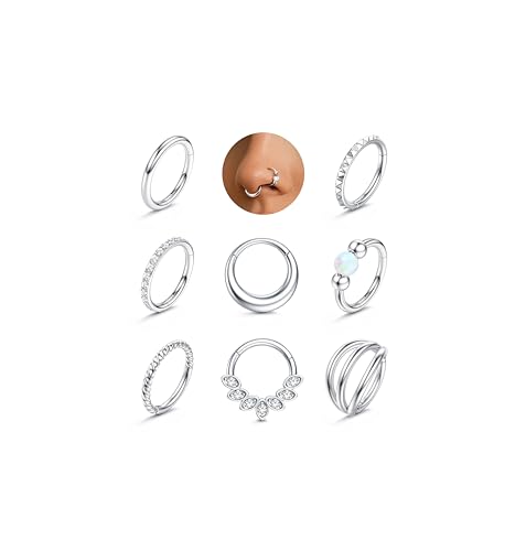 Adramata 8Pcs Piercing Nariz Acero Quirurgico Septum Piercings Hipoalergénico CZ Ópalo Pendiente Aros Pequeño Piercings Nariz Aro Piercing Oreja Tragus Helix Oro Plata