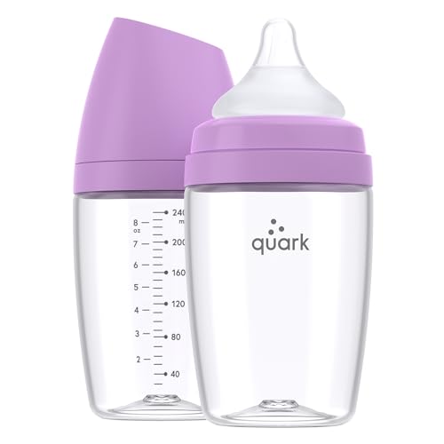 Image of BuubiBottle Max Slow Flow Bottle for Newborn Babies by Quark - with Anti-Colic RealFeel Nipple to Simulate Breastfeeding - BPA-Free, PVC-Free, Toxin-Free - 8 Oz Bottle with Lid, 2 Pack - Purple