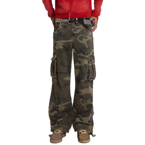 Mxiqqpltky Camo Cargo Pants for Men High Waist Wide Leg Hip Hop Flap Pockets Baggy Denim Pants Y2k Skater Jeans Streetwear