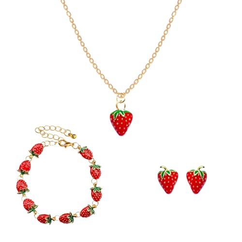 Strawberry Earrings/Necklace/Bracelet Cute Strawberry Gold Jewelry Birthday Gifts for Women Strawberries Stuffs Fruit Accessories