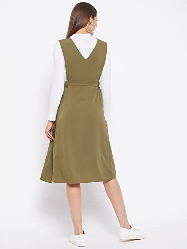 Image of WineRed Women Soild Pinafore Dress with Button
