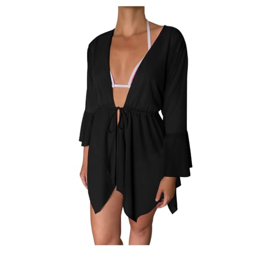 Saída de Praia estilo Kimono Tecido Leve de Fácil Absorção (PRETO)