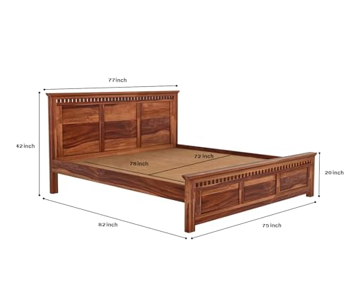 Image of Sheesham Wood King Size Bed Without Storage | Wooden Bed King Size Double Cot Palang Bed for Bedroom | Kuber Design Headboard Bed for Living Room | Honey Finish