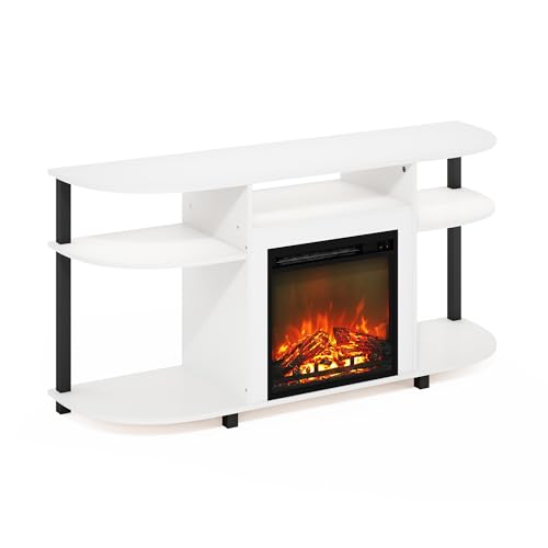 Image of Furinno Jensen Fireplace TV Stand, Curved Entertainment Center, TV Console for TV up to 55 Inch with Fireplace and Open Storage, for Living Room, Bedroom, Solid White