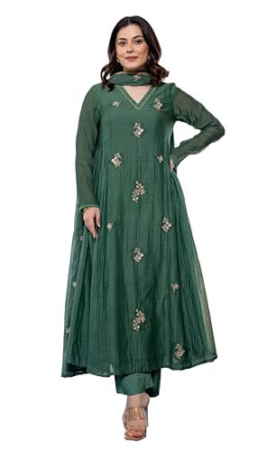 KLOSIA Women Embroidery Solid Anarkali Kurta and Pant Set with Dup...
