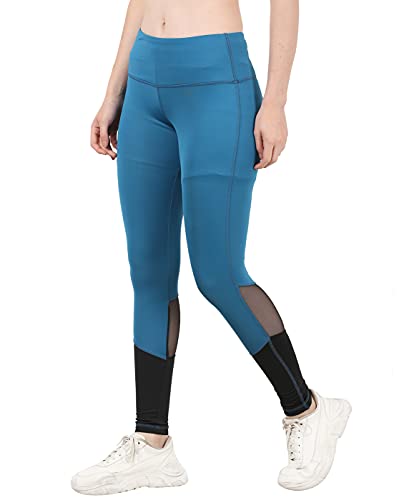 Image of The Dance Bible Women High Waist Solid Arctic Blue Mesh Net Design Gym Leggings Tights with Back Zip Pocket