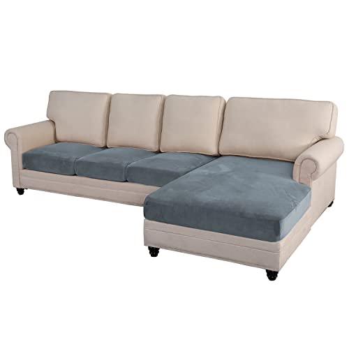 MIFXIN Sectional Couch Covers 4 Piece Stretch Velvet Sofa Seat Cover Set L Shape Separate Cushion Chaise Slipcover Furniture Protector for Both Left/Right Sectional Couch (4 Seater, Grey Blue)