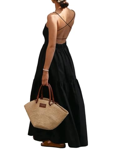SHENHE Women's Backless Maxi Dress Criss Cross Open Back Flowy Tiered Ruffle Party Wedding Guest Long Sundress Black Small