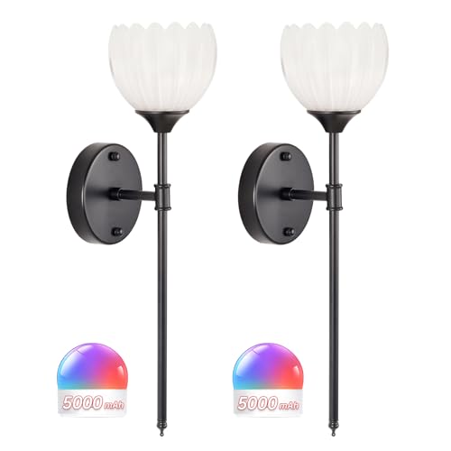 Image of Shenmoyl Battery Operated Wall Sconce Set of 2, White Tulip Vintage Wall Light Fixture Rechargeable 5000mAh Battery Powered Wall Lamp with Remote for Living Room Bathroom, Black