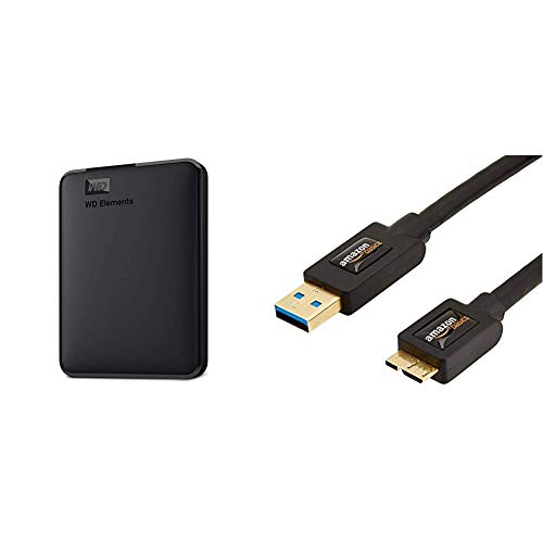 WD Elements Portable, Externe Festplatte - 1 TB - USB 3.0 - WDBUZG0010BBK-WESN & Amazon Basics USB 3.0-Kabel (A-Stecker auf Micro-B-Stecker) 1,8 m (Abwärtskompatibilität zu USB 2.0 und 1.1)