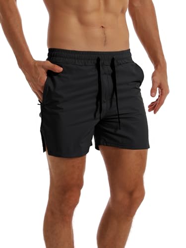 FLYFIREFLY Men's Gym Workout Shorts Quick Dry Lightweight Athletic Shorts Running Bodybuilding Training with Towel Loop Black