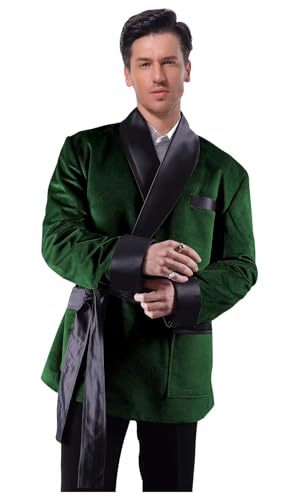 Velvet Smoking Jacket with Belt Short Double Breasted Cigar Robe Regular Fit Blazer for Men