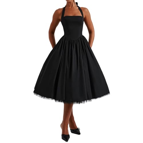 Women Halter Midi Dress Corset Back Layered Tulle Skirt A Line Formal Dresses Wedding Guest Bridal Shower (Black,XL)