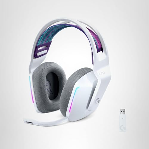 Logitech G733 Lightspeed Wireless Gaming Headset, Suspension Headband, Lightsync RGB, Blue VO!CE Mic, PRO-G Audio – White, Gaming Headset Wireless, PC, PS5, PS4, Switch Compatible
