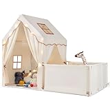 GOPLUS Kinderzelt groß mit Spielbereich, 2-in-1 Innen-Spielhaus mit Hof, Sternenlichter, Waschbarem Kissen, Tür, Vorhänge, Fenster, Spielzelt für 4-5 Jungen & Mädchen ab 3 Jahren (Beige)