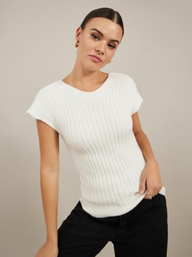 بلوزة منسوجة مضلعة برقبة شكل V واكمام قصيرة على الكتف للنساء من ستايلي، مقاس L، لون ابيض