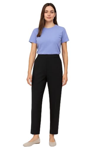 Image of MAARAE Women's Straight Leg Trousers with Elasticated Waist - Black - UK Size 16 - Short Leg (25") - Smart Casual Office & Work Pants