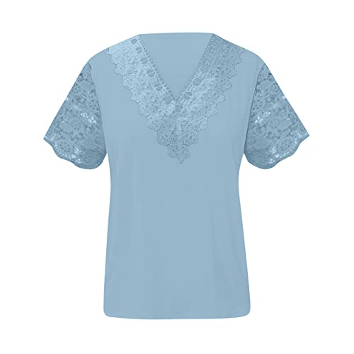 Womens Lace Trim V-Neck Summer Tops Patchwork Short Sleeve T-Shirt Basic Top Casual Solid Color Tunic Shirts Outfits #TOP3