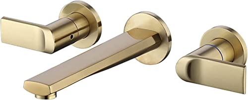 Grifo de lavabo de baño montado en la pared, grifo mezclador de latón negro con doble asa, 3 agujeros, grifo de tocador para baños modernos, diseño duradero y elegante.