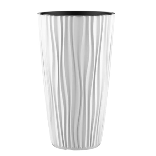 Engelland Pflanzkübel mit Einsatz, Blumentopf mit Wasserspeicher & 3D Struktur, hoch & rund, modern & frostfest, robust & langlebig, für Innen & Außen, Kunststoff, Ø 28 x H 49 cm, Weiß