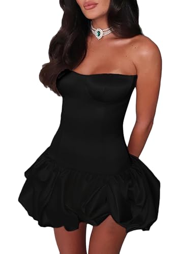 Kwunbwa Women's Summer Strapless Bubble Mini Dress Ruched Ruffle Flowy A Line Dress Tube Top Dresses Party Clubwear