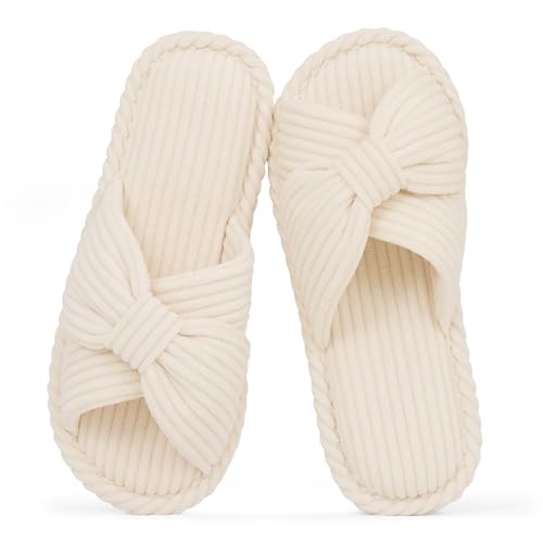Evshine Fall House Slippers for Women Corduroy Cross Bow Indoor Slippers Open Toe Slip On Bedroom Shoes with Memory Foam, Beige 270 (Size 8-8.5)