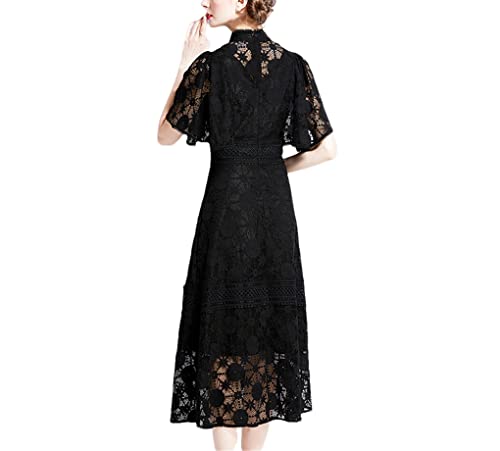 Summer Women Lace Stand Collar Butterfly Sleeve Dress Female High Waist A-Line Hollow Out Long Dress2