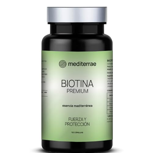 Mediterrae Biotina Premium | Con D-Biotina, Zinc y Complejo B (B6 y B12) | Vitaminas para el cabello, piel y uñas | Anticaída pelo mujer y hombre | Suplemento Natural, Vegano, Sin Gluten, 120 cápsulas