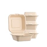[50 COUNT] Sugarfiber 6 X 6' Compostable Square Hinged Container, Single Compartment Clamshell...