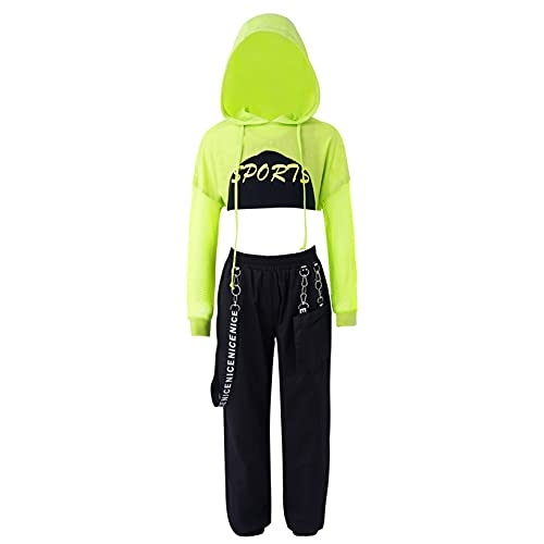 Nyeemya Conjunto de 3 Piezas Ropa de Danza Hip Hop para Niñas Sudadera Corta Con Capucha+ Chaleco Corto + Pantalónes de Chándal Traje de Baile Verde 12 años